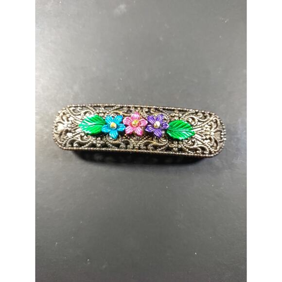 Hair Barrette Tension Clip Dark Gold Tone Green Blue Pink Neon Flowers - Picture 1 of 8